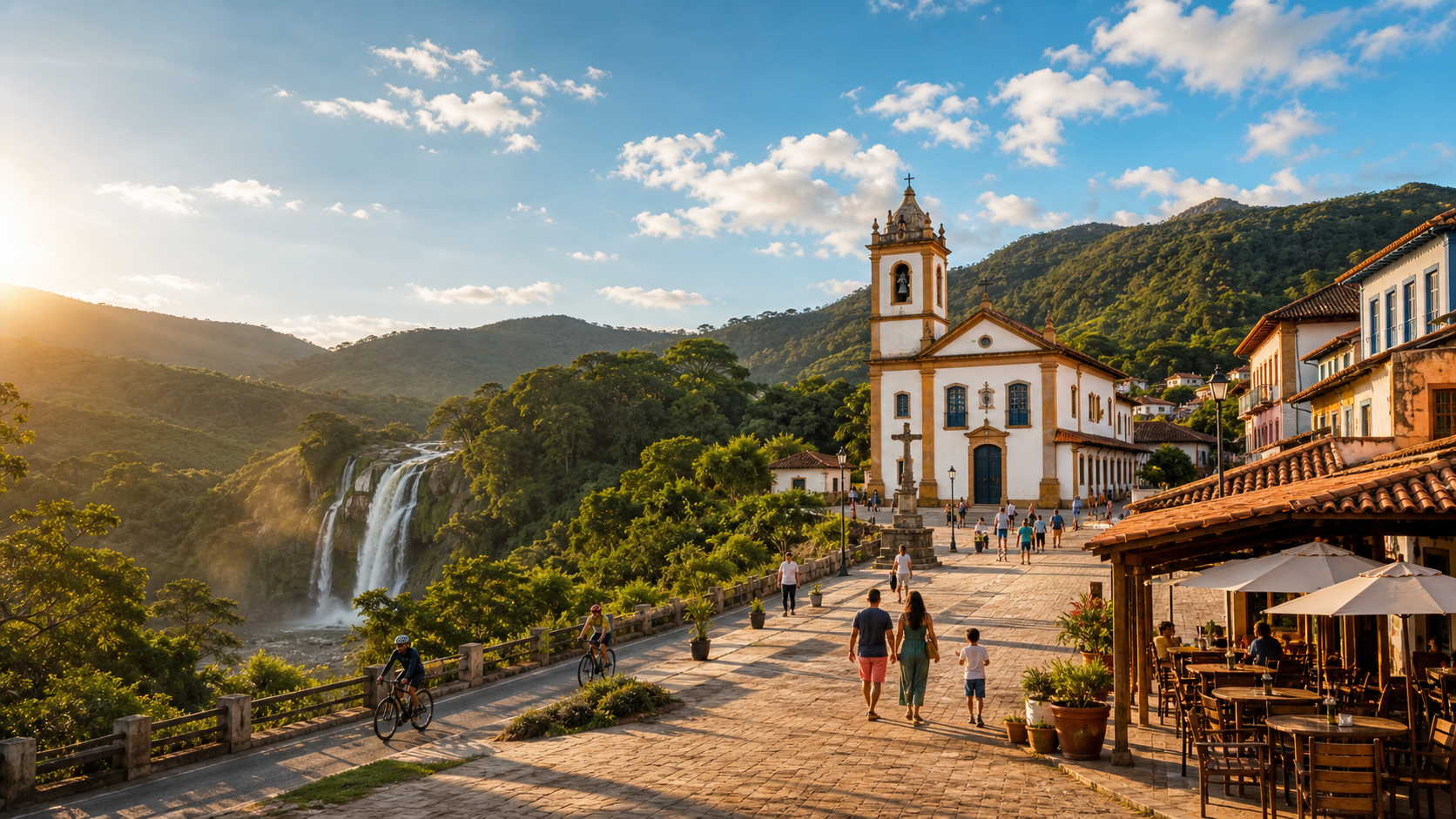 Cidade turistica com montanhas, cachoeira e centro historico
